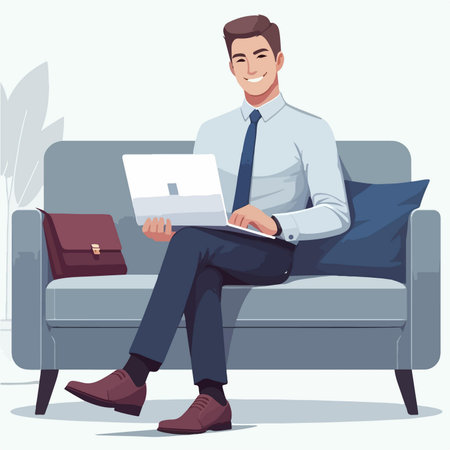 flat design illustrations of working from anywhere. Business man working with laptop on sofaのイラスト素材
