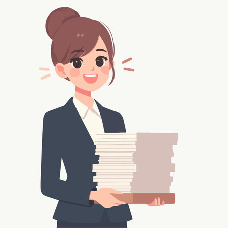 Illustration of businesswoman carrying a stack of company documents in flat design conceptのイラスト素材