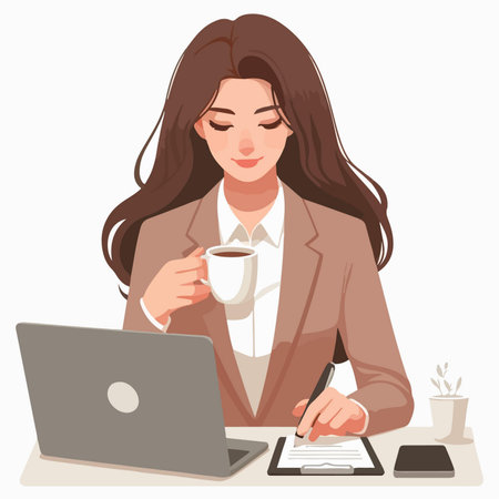 Businesswoman Enjoying a Relaxing Coffee Break While Working in a Flat Design Business Conceptのイラスト素材