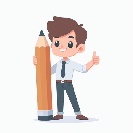 Flat design illustration of a writer. Business man holding a large pencilのイラスト素材