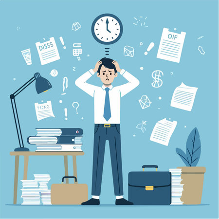 flat design illustration of the overload of work. Business man frustrated and stressed by workload and deadlinesのイラスト素材