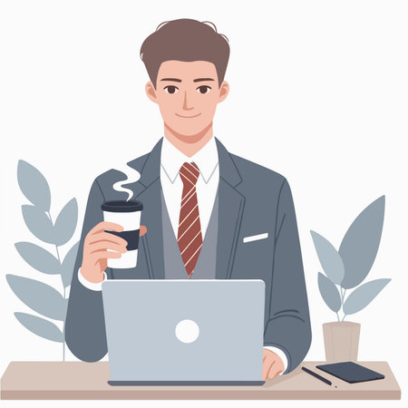 flat design illustration of business man working with laptop while drinking coffeeのイラスト素材