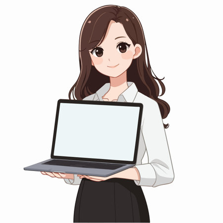 illustration flat design advertising promotion template, beauty woman showing laptop with blank screenのイラスト素材