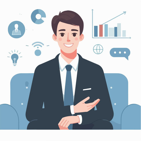 flat design illustration of a business man explaining business ideas from upcoming trendsのイラスト素材