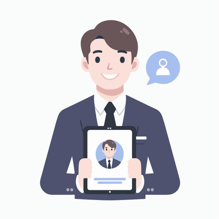 Flat design illustration of self introduction. Business man introduces biography through tabletのイラスト素材