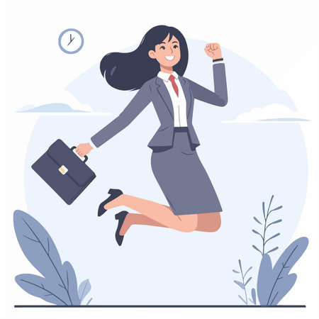 Flat design illustration of a business woman jumping for joy at good newsのイラスト素材