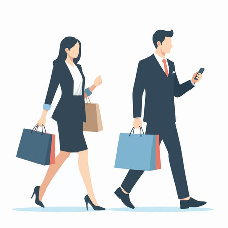 Flat design illustration of couple shopping with paper bagのイラスト素材