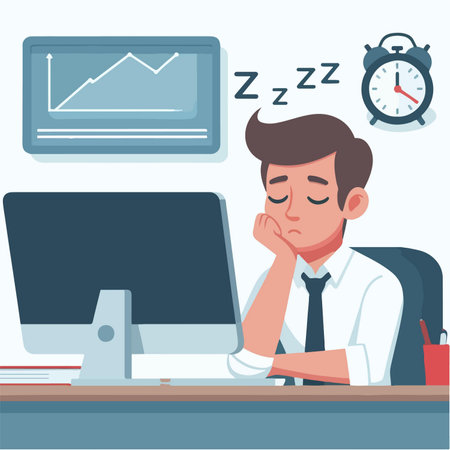 Flat design illustration of the concept of a man falling asleep at work due to fatigueのイラスト素材