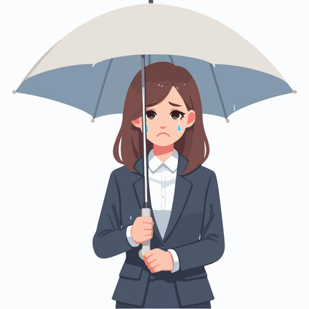 flat design illustration of a sad business woman in the rain holding an umbrellaのイラスト素材