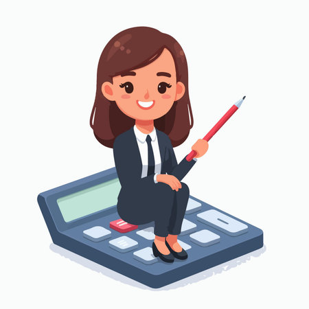 Flat design illustration of seated woman with calculator and pencilのイラスト素材