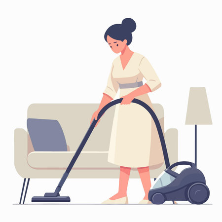 flat design illustration of woman cleaning floor with vacuum cleanerのイラスト素材