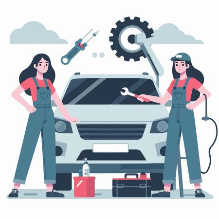 flat design illustration of female car repair shop mechanicのイラスト素材