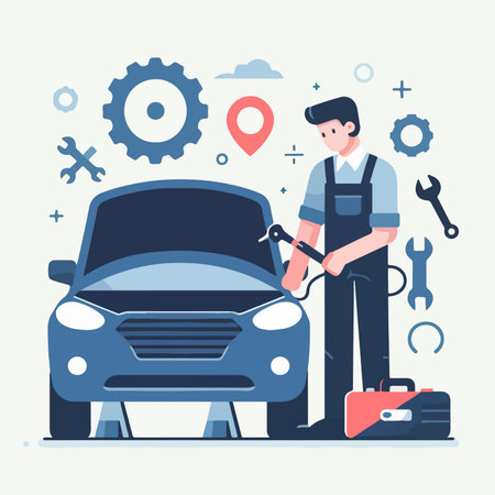 flat design illustration of a mechanical workshop man doing car maintenanceのイラスト素材