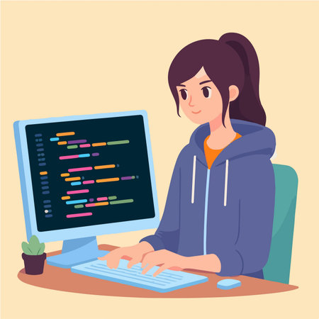 flat design illustration of a female programmer working in front of a computerのイラスト素材
