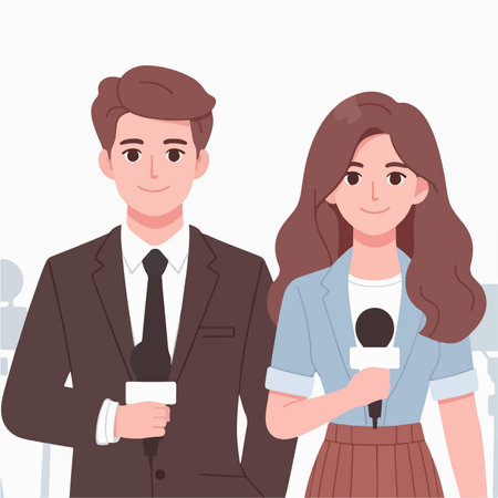 flat design illustration of presenter couple with microphoneのイラスト素材