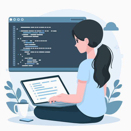 flat design illustration of woman programmer working from home