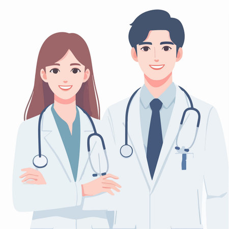 flat design illustration of a specialist doctor couple in medical wearのイラスト素材
