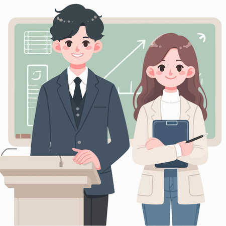 young teacher couple flat design illustrationのイラスト素材