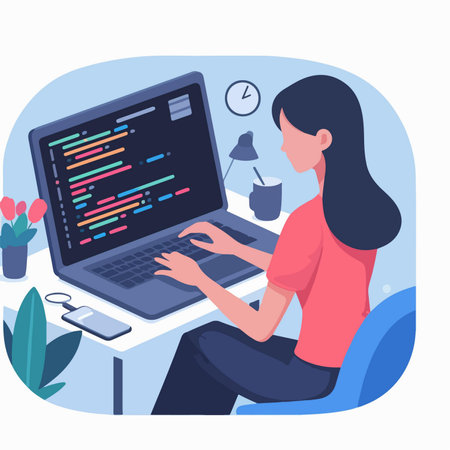 flat design illustration of female programmer coding session with laptopのイラスト素材