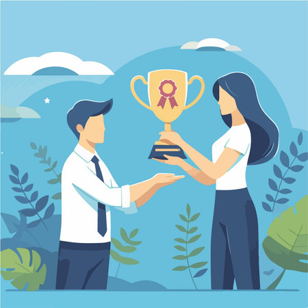 Flat design illustration of trophy awarding for employee performance achievementのイラスト素材