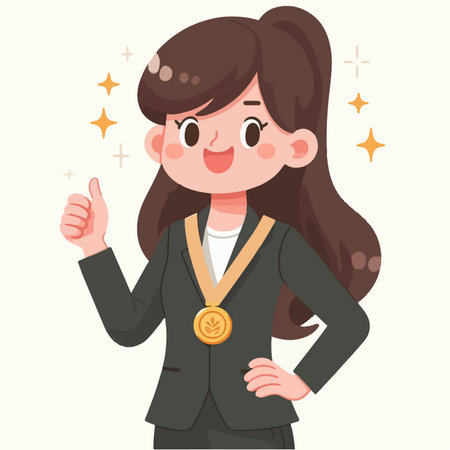 flat design illustration of woman with gold medal and giving thumb upのイラスト素材