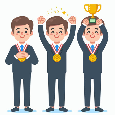 flat design illustration of business people being awarded trophy and medalのイラスト素材