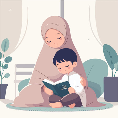 Islamic cartoon illustration of mom teaching son to read the holy book at homeのイラスト素材