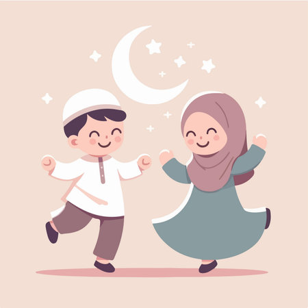 flat design illustration of Muslim children excited to celebrate the month of Ramadanのイラスト素材