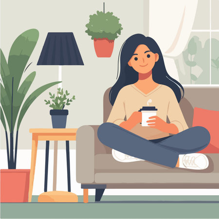 Illustration of a woman sitting enjoying a cup of coffee on a sofa chair with houseplants aroundのイラスト素材