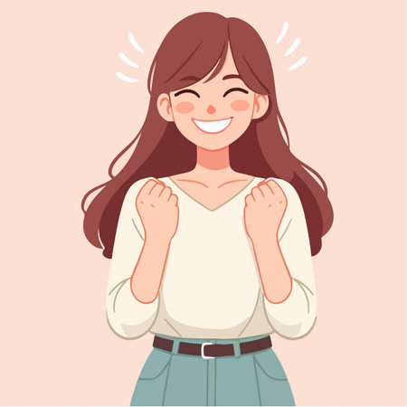 Illustration of a young woman standing with a smiling expression of joy and enthusiasmのイラスト素材