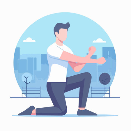 illustration of a man warming up with stretches before a workout in the parkのイラスト素材