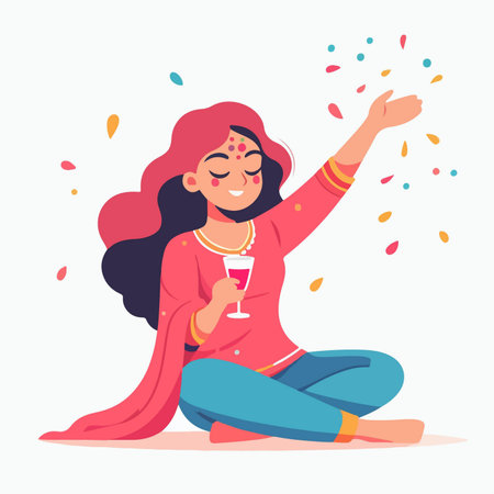 cartoon illustration of a happy Indian woman celebrating the holi festivalのイラスト素材