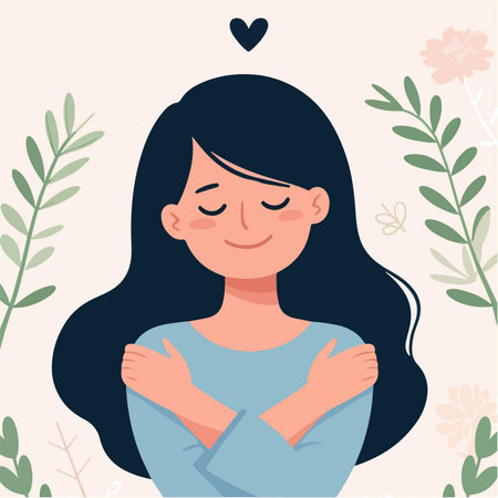 Illustration of a woman hugging herself, the concept of self love appreciationのイラスト素材