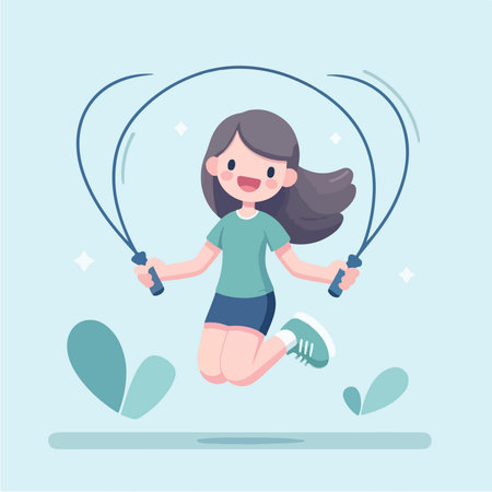 illustration of a young woman skipping happilyのイラスト素材