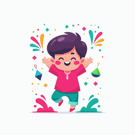 cartoon illustration of an Indian boy jumping for joy to celebrate the colorful holi festivalのイラスト素材
