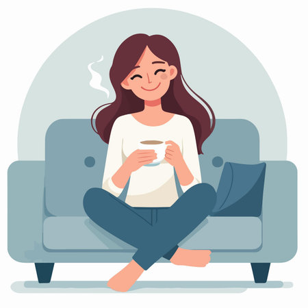 illustration of woman smiling with a cup of coffee at homeのイラスト素材