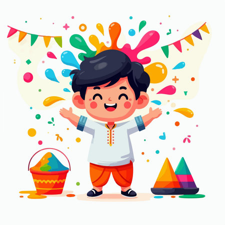 cartoon illustration of a cute Indian boy happily celebrating the colorful holi festivalのイラスト素材