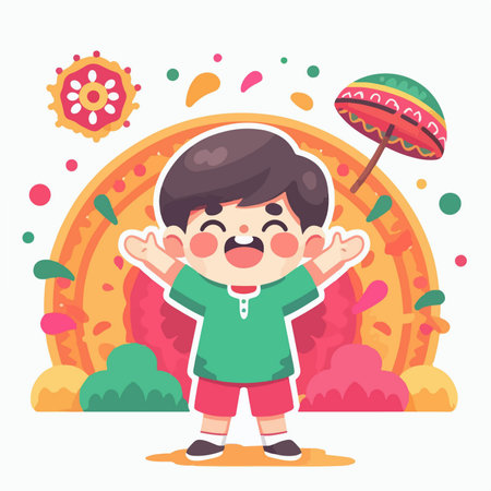 cartoon illustration of a child with a colorful holi festivalのイラスト素材
