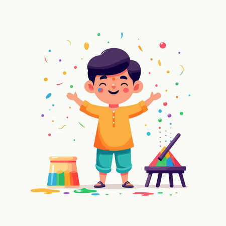 cartoon illustration of an Indian boy celebrating the colorful holi festivalのイラスト素材