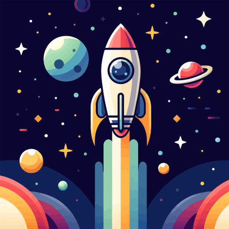 cartoon rocket flight in space with colorful stars and planetsのイラスト素材