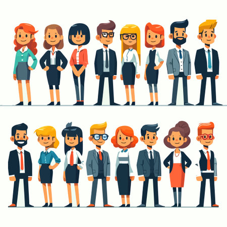 set of business team cartoon characters standing in a rowのイラスト素材