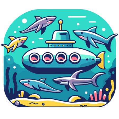Cartoon illustration of a submarine in the depth of the sea with sharksのイラスト素材