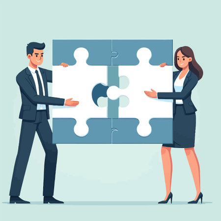 business man and a business woman are fitting together two large puzzle piecesのイラスト素材