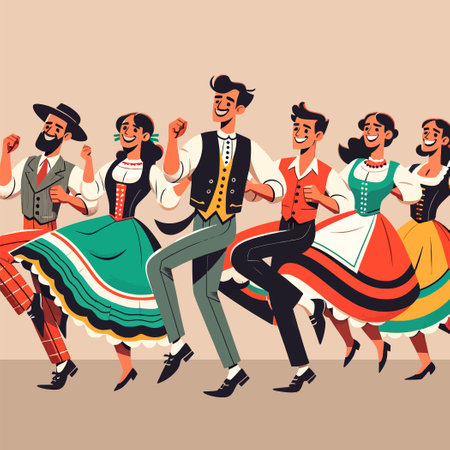 A group of Portuguese men and women joyfully dancing in a cartoon flat design styleのイラスト素材