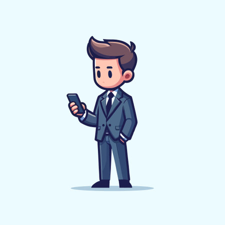 businessman standing with smartphone looking focused on the screen of his phoneのイラスト素材