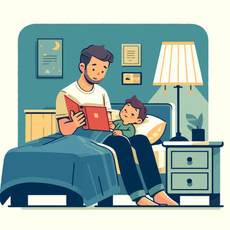 cartoon illustration of a father reading a storybook to his child before bedtimeのイラスト素材