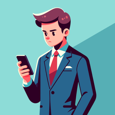 businessman standing and using a smartphone in flat design