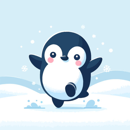 A cute cartoon penguin dancing joyfully on a snowy landscapeのイラスト素材