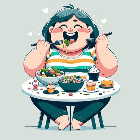 illustration of an obese woman eating voraciouslyのイラスト素材