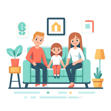 illustration of a family consisting of a father, mother, and child sitting on sofaのイラスト素材